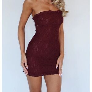 White Fox Boutique Strapless Wine Dress